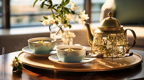 Elegant tea setting with porcelain cups and assorted teas