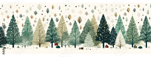 Beautiful wide horizontal Xmas cartoon banner background illustration with Christmas trees and snow in winter