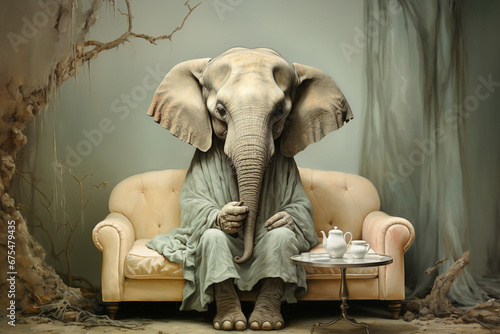 Big elephant ssitiing on a sofa, animal concept, metaphorical idiom for important or enormous topic