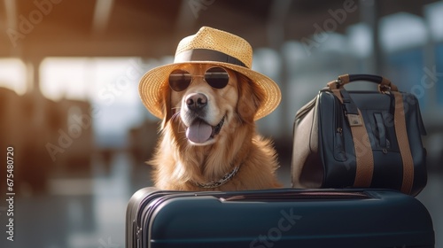 Ready for the Adventure: A stylish golden retriever, wearing a hat and sunglasses, stands with a suitcase, ready for a vacation in this adorable studio portrait against