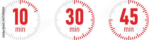 The 10, 30 and 45 minutes, stopwatch vector icon. Stopwatch icon in red flat style, 10, 30, 45 minutes timer on on color background. Vector illustration