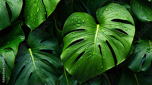 Seamless tropical leaf pattern, Lush green botanicals, Summery vibes with dew drops,