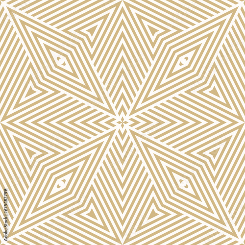 Vector geometric line seamless pattern. Abstract linear background in retro vintage style. Gold and white ornament. Golden texture with stripes, diagonal lines, rhombuses, repeat tiles. Geo design