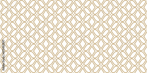 Seamless pattern design, abstract geometric shapes, gold and white arabesque background. Luxury oriental style texture with linear curved lattice. Vector repeat ornament for decor, print, wallpaper