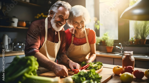 Happy senior couple in love, wearing aprons and smiling in the kitchen, table full of fresh vegetables, preparing healthy meal, blurred kitchen background, morning sunshine coming through the window