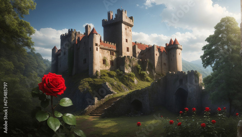 an ancient castle in the forest and one red rose in the foreground - AI Generative