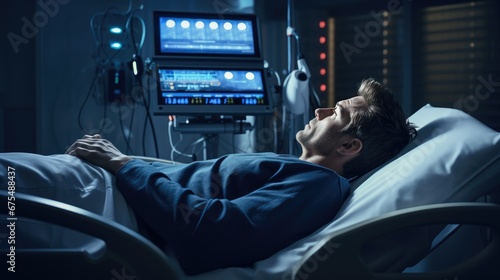 "Medical Checkup: A man lying on a clinic bed, undergoing an electrocardiogram test, showcasing advanced medical technology and healthcare professionals at work.
