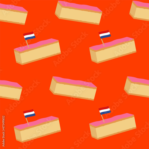 Seamless background wish traditional Dutch cake. Pink tompouce, traditional Dutch pastry. Holiday in the Netherlands king's day