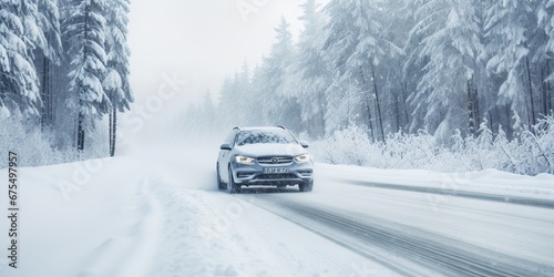 A car speeding down a snowy road, surrounded by a breathtaking winter landscape of snow-covered mountains and a dense forest. Emphasize the sense of motion and adventure