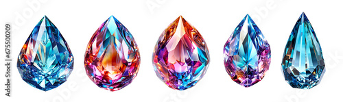 Set of multi-colored, faceted crystals in the form of a drop isolated cutout on transparent background