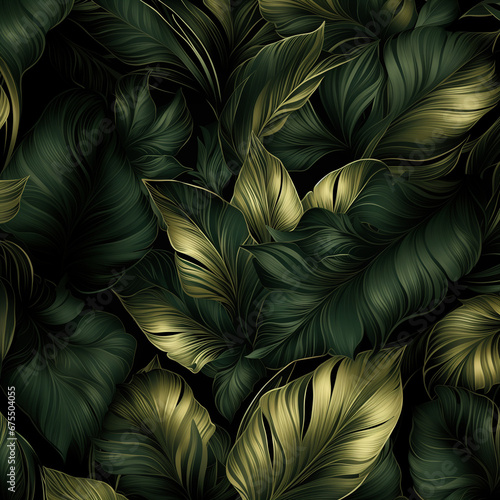 Zielono złota tapeta z egzotycznymi liśćmi. Ai generative