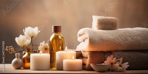 Beautiful spa treatment composition such as Towels, candles, essential oils, Massage Stones on light wooden background. blur living room, natural creams and moisturising Healthy lifestyle