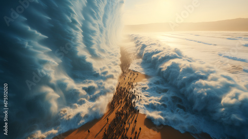 Ocean separate up to form canal. Bible miracle of Moses parting red sea for passage