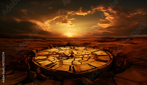 A cracked clock amidst ruins symbolises the urgent countdown of time on Earth.