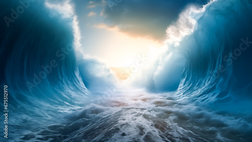 Ocean separate up to form canal. Bible miracle of Moses parting red sea for passage