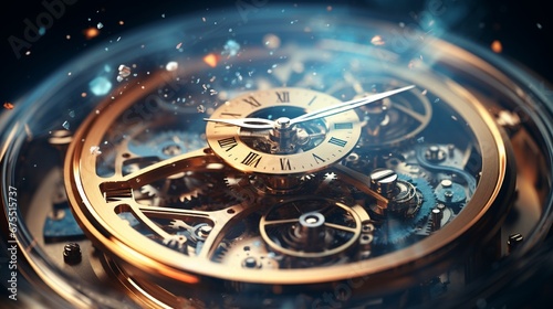 The internal workings of a mechanical watch interposed with a galaxy's swirling arms, mapping time in the macro and micro.