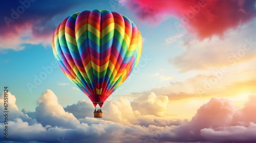 A hot air balloon floating high, gradually becoming part of a vibrant rainbow.