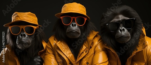 three gorillas in strange hats and sunglasses