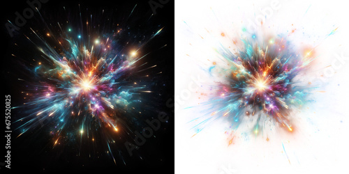 A radiant cosmic nova bursts with iridescent colors against the stark black of space, stars scatter dynamically. isolated on black and alpha transparent background