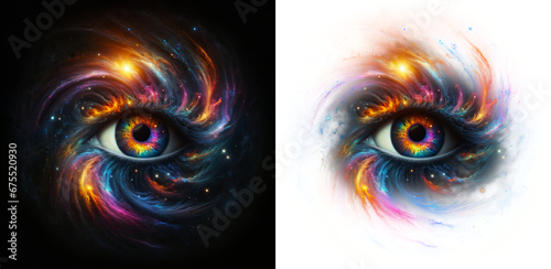 A cosmic eye with galaxy swirls and stardust, vivid colors, symbolizing vision beyond the visible. isolated against black and alpha backdrop for easy overlay..