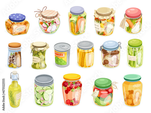 Pickled food jars. Cartoon preserved products in can jar bottle, marinating vegetables spice pot kitchen pantry, fruit pickle appetizer conserve veggie neoteric vector illustration