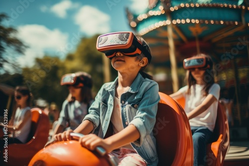 children wearing virtual reality goggles at an amusement park and ignoring real life. The concept of gadget addiction and overuse of social media and mobile devices