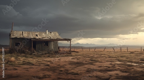 A run-down, weathered shack in a desolate rural landscape, with an overcast sky overhead