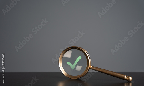 Magnifying glass and green check mark. Pass verification successfully. Authorization. Fulfill all requirements. Fulfillment of clauses conditions. Fact checking. Truth or lie.