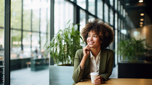 Young happy business afro american woman in casual shirt on break in office, holding cup of coffee or tea. No stress concept