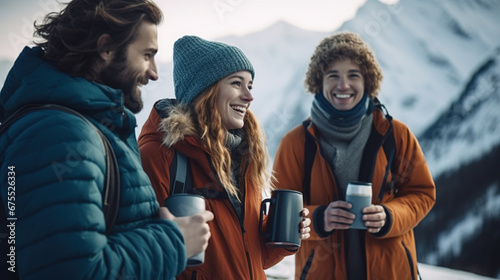 Break with a hot drink while hiking along a winter mountain route. Active happy people traveling in winter