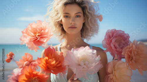 A woman in a field with flowers. Floral spring concept of freedom and happiness.