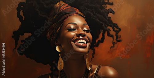 primer plano de mujer de color sonriente con rastas en el pelo sobre fondo marrón