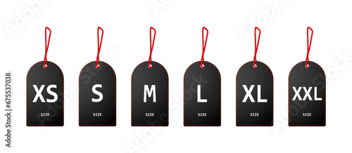 Black clothes size label icon in store. Small, large and extra large sizes. Tags XS, S, M, L, XL, XXL. Isolated on white background Vector EPS 10.