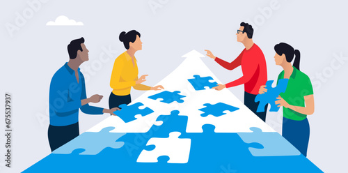 Build your way forward to success. Putting together a puzzle arrow sign poiting forward. People dressed casually putting together a arrow puzzle. Vector illustration 