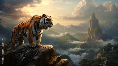 A South China tiger surveying its territory on a rocky plateau in China, the rugged landscape stretching into the distance.