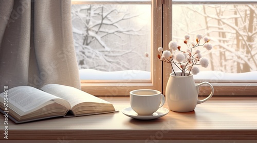 a steaming mug of hot coffee, an open book, and a warm blanket resting on the windowsill inside a modern minimalist cottage. The scene is complemented by a snowy landscape with snowdrifts outside.