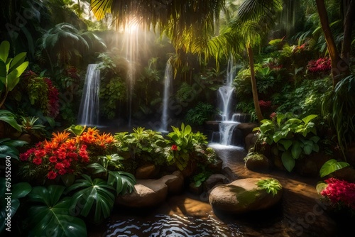 An exotic garden with a waterfall on a gloomy day with shining rays of sun - AI Generative