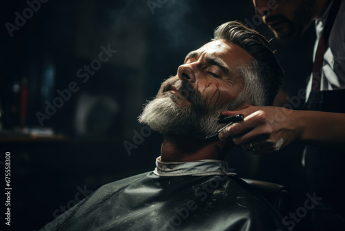 A barber using a straight razor to create a clean and precise outline for a gentleman's beard. Concept of facial hair precision and definition. Generative Ai.