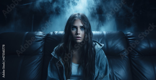 Shocked teen watching horror movie, portrait of scared girl in dark cinema. Person and emotional film. Concept of home theater, thriller, suspense, surprise, vibe