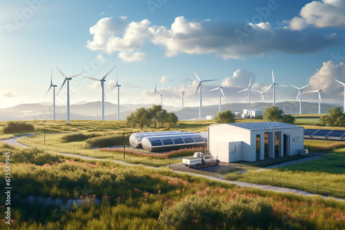 Modern battery energy storage system with wind turbines and solar