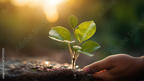 A close-up of a hand gently watering a young tree in a tranquil park, bathed in the warm glow of the setting sun.