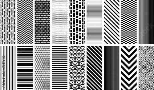 Black and white seamless pattern set. 18 repeating patterns for fabric, apparel, backgrounds, borders, wallpaper, scrapbooking, paper, and more. EPS file has global colors for easy color changes.