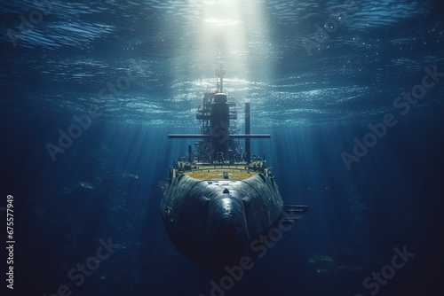 Large military submarine sails underwater. Navy