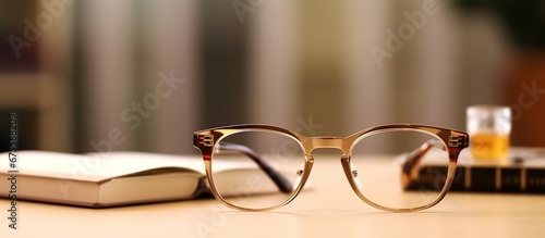 background of glasses on a table with books.
