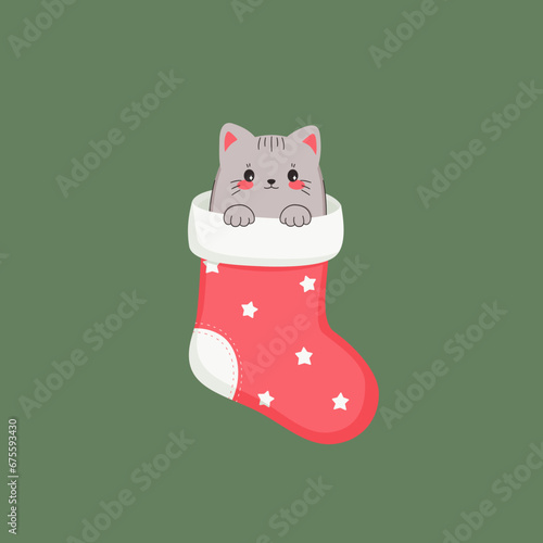Uroczy kot w świątecznej czerwonej skarpecie. Bożonarodzeniowa ilustracja w zabawnym stylu.