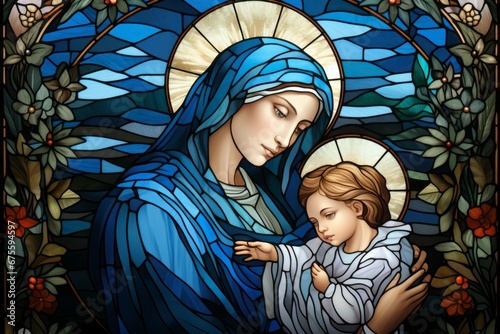 Virgin Mary with baby Jesus Christ. Religious concept with selective focus and copy space