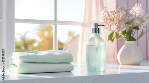 Soap dispenser and spa towel on pastel bathroom window interior background