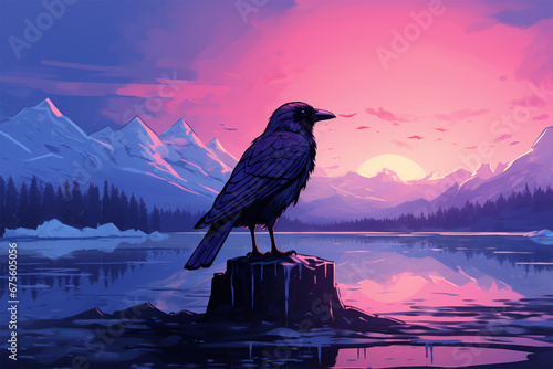 illustration of a view of a crow in winter