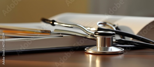 Stethoscope and books on a wooden table