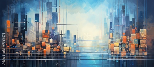 The abstract painting depicted a futuristic cityscape where technology and data communication seamlessly integrated reflecting the concept of information technology and the symmetrical bala